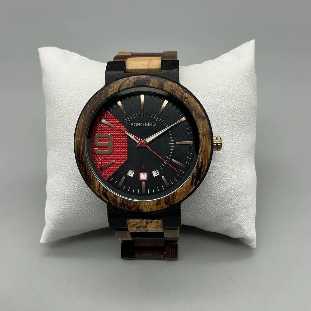 Bobo Bird Mens Watch 46mm Black Red Dial Wood Stainless Date New Battery 8